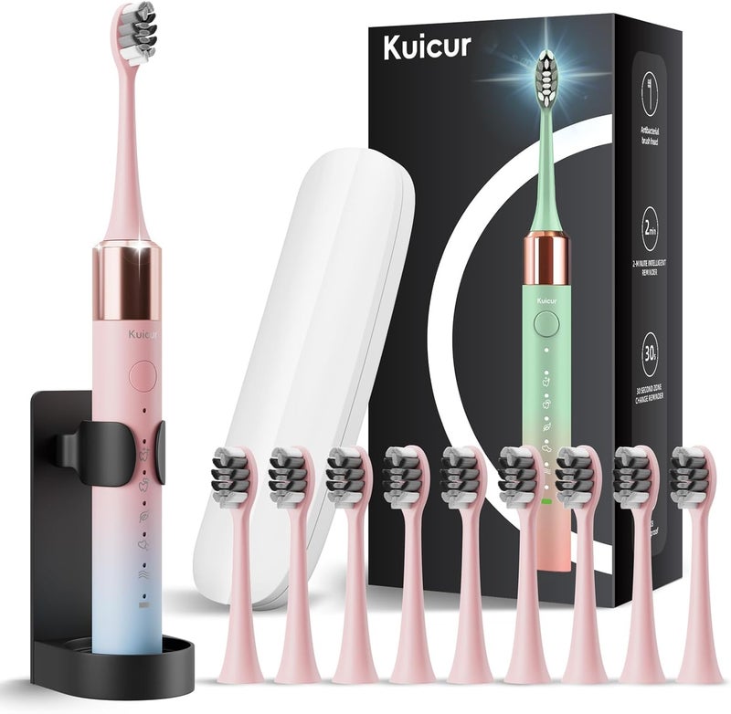 Kuicur Portable Electric Soft Toothbrush with Travel Case, 90-Day Largest Battery Life, 10 Brush Heads, 5 Modes Deep Clean, Ergonomically-Designed for Enhanced Comfort - Ideal Gift for Adults & Kids - Image 1